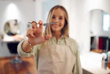 Image showing Hand, scissors and haircut with a woman hairdresser ready to cut or style hair during a hairdressing appointment. Salon, beauty and haircare with a female at work in a salon for fashion or style