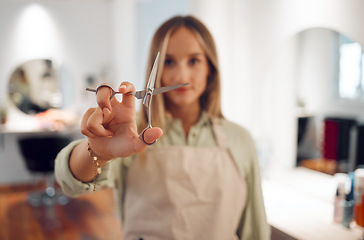 Image showing Hairdresser, scissors and woman in salon for hair to be cut, style and in beauty shop with equipment for business. Close up, beautician entrepreneur and confident girl show styling tool for treatment
