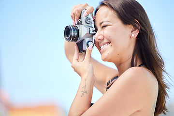 Image showing Woman, camera or digital city photographer with art motivation, creative vision or Japanese blogging goals. Smile, happy or photography tourist working for social media or Tokyo travel marketing blog