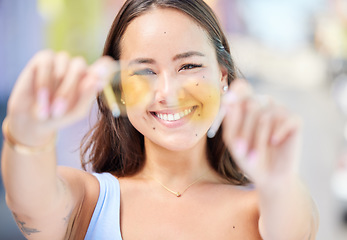 Image showing Sunglasses, portrait and woman with smile in the city of Miami during a holiday for travel in summer. Face of a happy, trendy and Asian girl with glasses, lens and frame for fashion on vacation