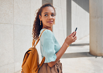 Image showing City, girl and phone of student thinking with curious stare at distraction on walk commute. University woman travelling on urban sidewalk watching activity with mobile and thoughtful look.