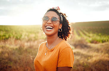 Image showing Happy, farm and black woman on holiday in the countryside of Colombia for adventure, peace and calm in summer. Face portrait of African girl with smile for travel vacation in agriculture and nature