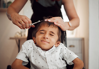 Image showing Child with disability, hair cut and hands of hairdresser trim, groom and salon hair care service to young disabled kid. Barber studio, cerebral palsy and boy with handicap at haircut appointment