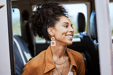 Image showing Happy, smile and woman in caravan on road trip, adventure or journey in summer in the countryside. Happiness, travel and girl from Puerto Rico sitting in van on vacation, holiday or getaway in nature