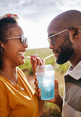Image showing Couple, outdoor and share drink with straw together in summer with smile in sunshine. Man, black woman and happy for soda, juice or slushy on travel, road trip or vacation in countryside on holiday
