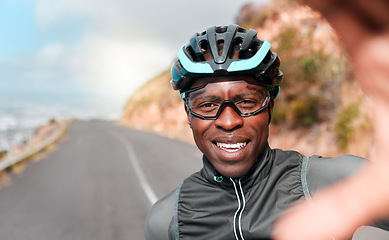 Image showing Cycling, portrait and selfie with man in a road along a mountain in South Africa, happy, relax and excited. Fitness, training and face of cyclist photo break during morning cardio exercise in nature