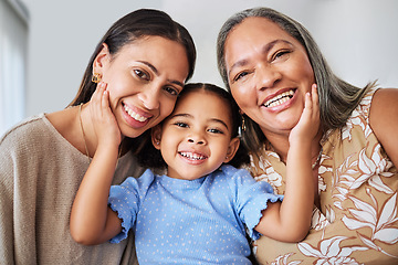 Image showing Mother, girl and grandma bond in living room, smile, relax and hug in their home. Face, portrait and happy family of multigenerational women hug, laugh and enjoying quality time at home together