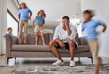 Image showing Stress, headache and father with adhd kids running, jumping and playing in family home or house living room. Mental health, burnout or anxiety for parent with autism, energy and hyper active children