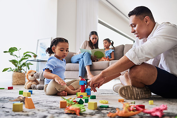 Image showing Family, learning and building toy by girl and father bond living room floor, playing, relax and creative puzzle fun. Education, child development and parent teaching child to build, shapes and color