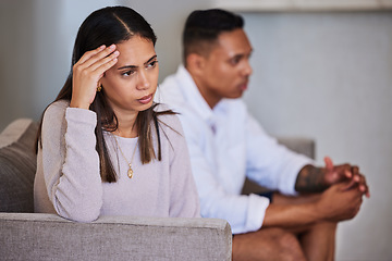 Image showing Divorce, sad and fight with couple on sofa with marriage problems feeling frustrated, conflict or angry. Thinking, therapy or counseling with man and woman in living room for fail, decision or fear