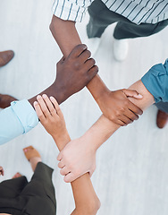 Image showing Diversity, support and teamwork with hands of business people holding arms for community, global networking or mindset goals. Vision, innovation and workshop with employee for mission, growth or hope