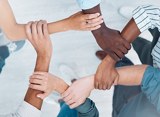 Image showing Wrist hands, team building and business people support diversity, group and collaboration, cooperation and community mission. Above solidarity, partnership and motivation of goals, trust and teamwork
