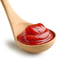 Image showing tomato sauce in wooden ladle