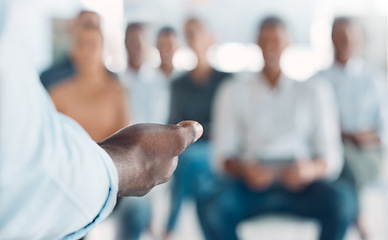 Image showing Conference speaker hands, communication and presentation workshop, coaching seminar of audience training, leadership and discussion. Businessman presenter, trade show and speech to convention crowd