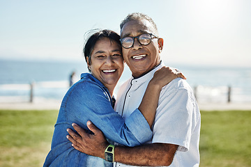 Image showing Love, hug and happy senior couple enjoy romantic quality time together, travel vacation or bond on outdoor grass field. Happiness, partnership and elderly man, woman or people smile on Mexico holiday