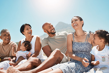 Image showing Big family, relax and happy at the beach and travel vacation together for summer, freedom and bonding lifestyle. Holiday, support and smile resting in sand with parents, grandparents and children