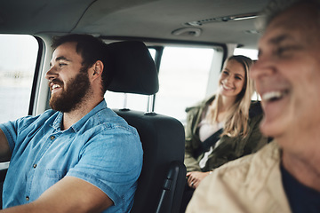Image showing Family, travel and road trip with a man driving a car on holiday or vacation with his relatives as a passenger. Transport, driver and journey with a group of happy people traveling together