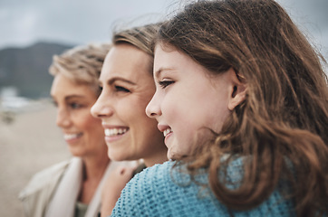 Image showing Face, girl, mother and grandma at a beach, relax, travel and family vacation in Florida with multigenerational women. Happy family, smile and holiday with ladies embracing and enjoy Mexico ocean view