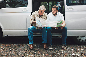 Image showing Senior man, father and son with map on travel adventure looking for destination direction in van talking and traveling together. Family, friends and tourist men together with transport on road trip