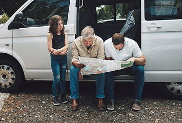 Image showing Travel, car and family with map for direction, transportation support and planning course journey on Canada road trip. Kid girl, grandpa, dad on auto SUV van, vacation and lost driver search for way