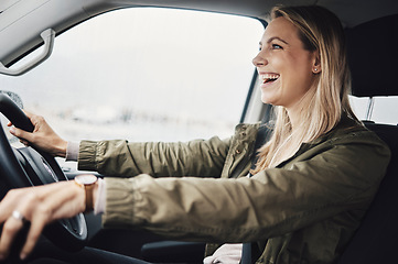 Image showing Travel, car driver and woman excited, having fun and enjoy speed transportation, fast suv or road trip journey. Van, freedom smile and happy adrenaline girl driving automobile with crazy high energy