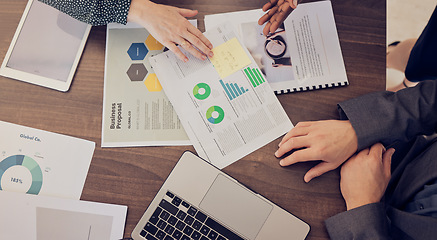 Image showing Top view, hands or laptop with chart documents, infographic research or startup proposal budget. Business people, technology or data analysis paper of company finance or creative marketing accounting