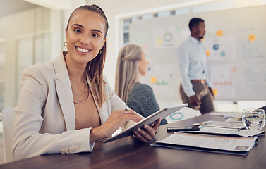 Image showing Strategy, planning and business people meeting for digital marketing analytics, profit review and company budget with employee portrait. Tablet, whiteboard and presentation team with innovation idea