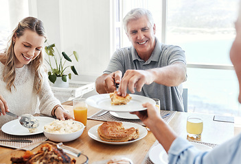 Image showing Family, food and lunch with a senior man sharing a meal with his daughter in the dining room of their home during a visit. Retirement, love and eating with an elderly male pensioner and relatives