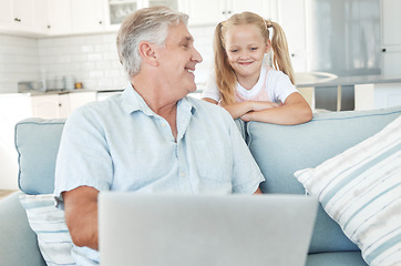 Image showing Laptop, elearning and senior family with child for online education, kids website communication and internet teaching at home on sofa. Grandfather and girl with technology play internet game together