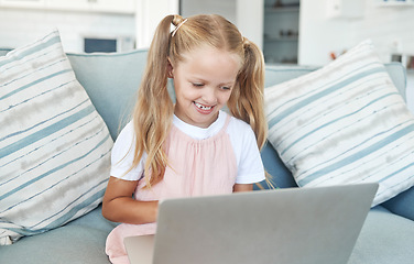 Image showing Child, laptop or education on sofa in house or home living room for distance learning, lockdown class or study. Smile, happy girl or student on homeschool technology for video call classroom support