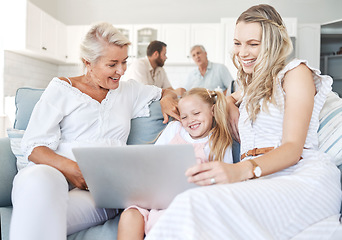 Image showing Family relax in home, child on laptop with mother in living room or elearning technology in Australia. Senior grandmother bonding with girl, happy women together on sofa or video call online together