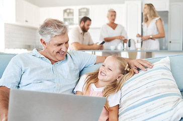 Image showing Laptop, child and grandfather with comic video on the Internet and the living room sofa of their house. Girl with smile for subscription service on tech with funny movies and an elderly man