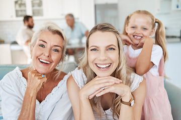 Image showing Family, love and generations with a girl, mother and grandmother sitting on a sofa in a living room of their home. Portrait, trust and happy with a woman, parent and child bonding together in a house