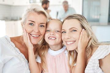 Image showing Facial portrait of child, grandmother and mother bonding in kitchen for family happiness and love at home in summer. Happy mom, young girl kid and elderly woman with smile on face and bond together