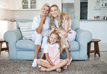 Image showing Mom, child and grandmother portrait on sofa for female generations in happy family relaxing. Love, care and bond of women relatives with smile at living room couch together at home in Canada.