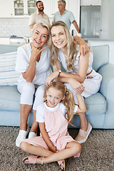 Image showing Mother, daughter and child with smile for photo in the living room of their house together. Portrait of a happy, relax and calm child with her grandmother and mom during a visit in the lounge