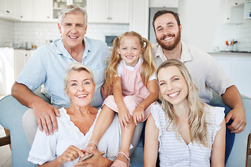Image showing Family, happy and together, love and bonding in portrait in the family home. Grandparent, parent and young girl, generation and spending quality time, happiness and smile on sofa in living room.