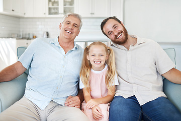 Image showing Portrait in home, girl with dad and grandfather on living room sofa in Australia. Happy family with senior grandparent, smile together in lounge and elderly generation man relax on couch with child