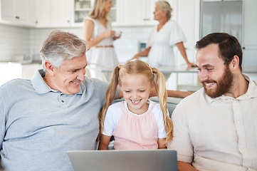 Image showing Laptop, streaming and big family with funny video on the internet on the living room sofa of their house. Happy, smile and comic girl laughing at a meme with grandfather and dad on the web in home