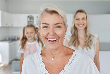 Image showing Senior, retirement and family with a grandmother, woman and girl in their home together during a visit. Happy, smile and generations with an elderly female pensioner and her relatives in a house