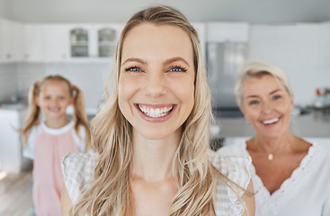 Image showing Mom, happy and portrait of family with foreground in house with cheerful smile of single parent. Love, mother and joyful family home of women with young child and grandparent living together.