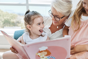 Image showing Story, book and reading family with baby in their home for child development, education and language learning. Excited girl kid with grandmother creative teaching or kindergarten knowledge on holiday