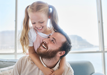 Image showing Piggy back, father and child being happy, smile and relax together in the living room for bonding at home. Daughter, dad and girl bonding, embrace or have fun while playful, cheerful or joy in lounge