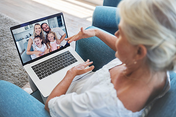 Image showing Love, family and video call on laptop with grandmother for online communication with relatives. Retirement, senior and elderly grandma on internet screen call with grandchildren and parents.