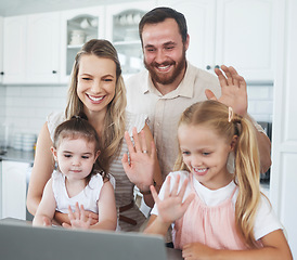 Image showing Love, family and video call on laptop with contact for online communication with wave. Woman, man and girl kids on internet chat with smile, happy and virtual conversation in the kitchen in home