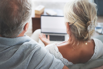 Image showing Couple, retirement and pensioner with a senior man and woman watching tv on a laptop in their living room together. Love, entertainment and bonding with an elderly husband and wife streaming online