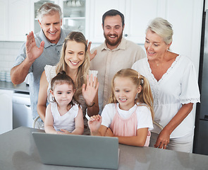 Image showing Wave, children and happy family on laptop video call for communication, conversation or relax in home kitchen. Mom, dad and grandparents or big family hello on video conference chat or online contact