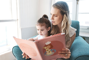 Image showing Mother, girl and reading kids book for child education development learning language, communication or literacy at home. Mom storytelling, growing children minds and love family quality time together