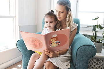 Image showing Mother, girl and book on sofa for story, reading and education in home, living room and together. Mom, child and story book for learning, teaching and childhood development for smart mind in house