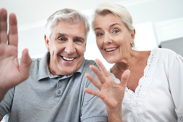 Image showing Senior couple, wave and home video call, talking or speaking or discussion. Retirement, happy elderly man and woman greeting on online, web or internet video conference in house together with smile